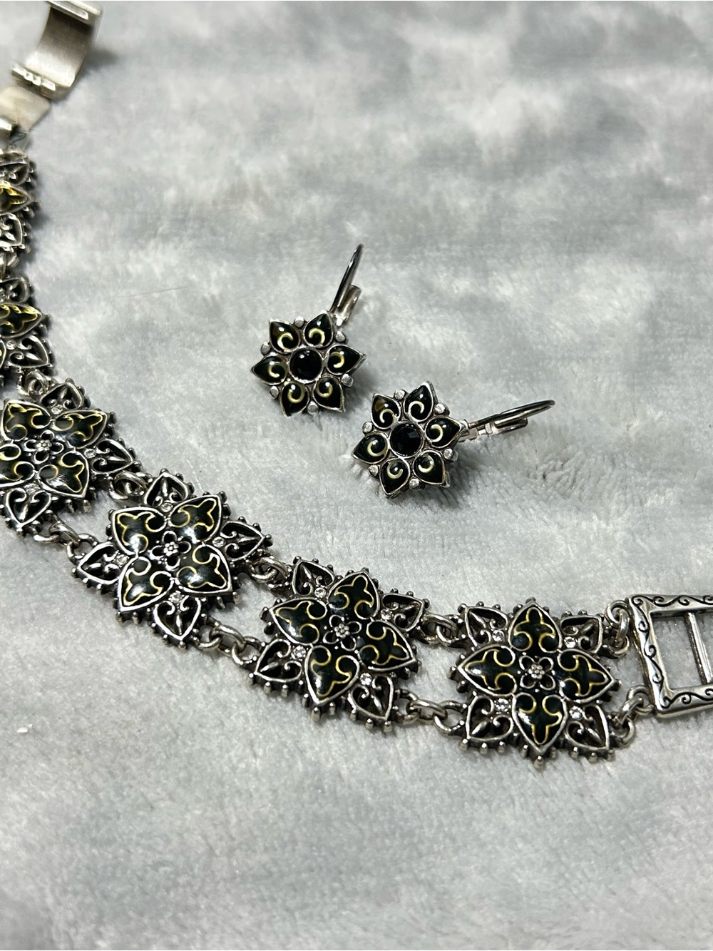 Vintage Brighton bracelet/earrings black enamel flowers, gold scroll/crystals